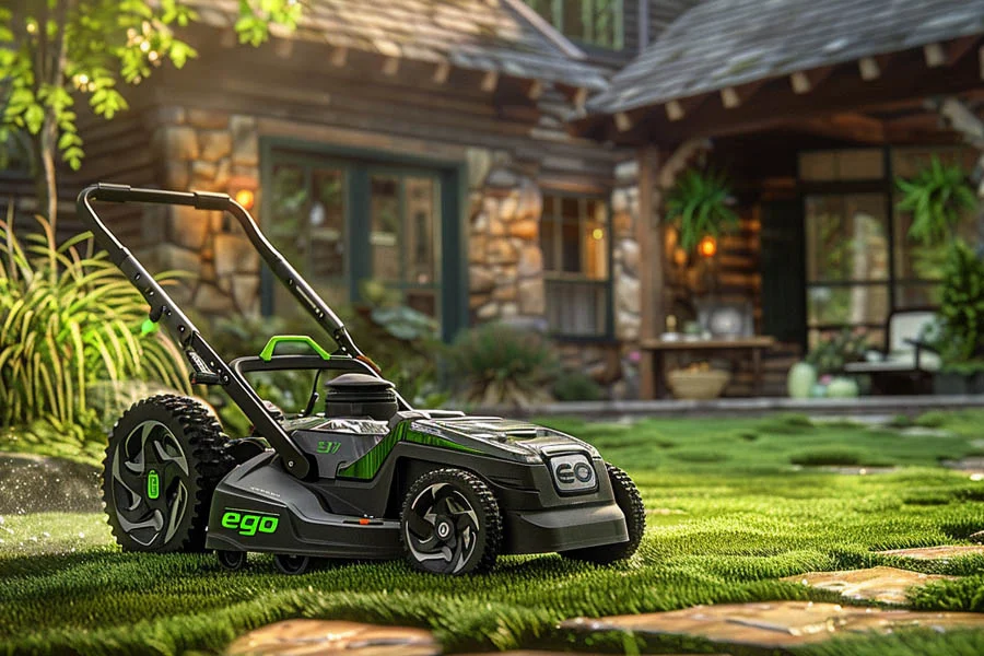 self-propelled electric lawn mower with battery and charger